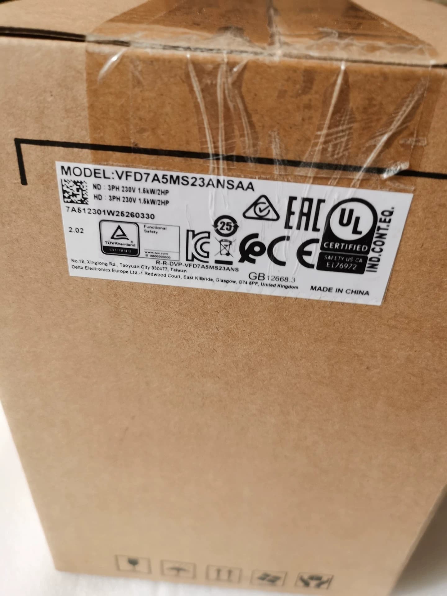 100% gloednieuwe originele en echte Delta VFD7A5MS23ANSAA 1.5KW driefasige 220V frequentieomvormers Drive Servomotor